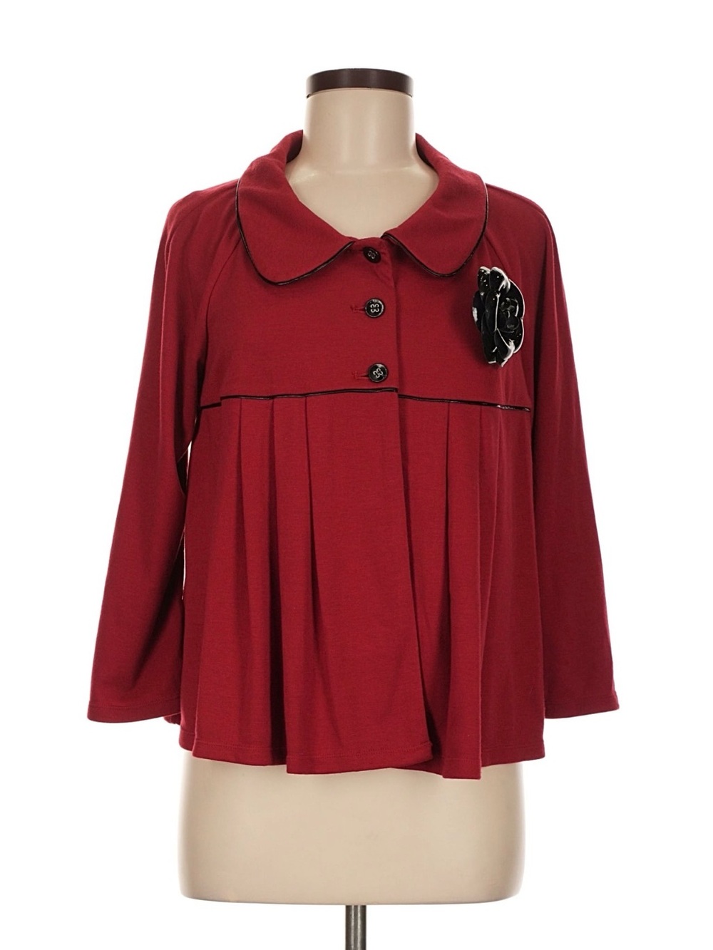 Women’s Red Pleated Blazer Jacket with Decorative Flower